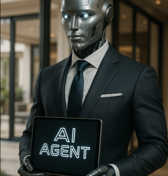 AI agents collaborating with business professionals in a modern office using digital interfaces and data dashboards